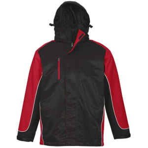 A unisex jacket featuring black and red panels, with a hood and zippered pockets, and a logo detail.