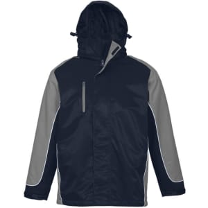 A unisex jacket in navy blue and grey with a hood and a logo present on the front.
