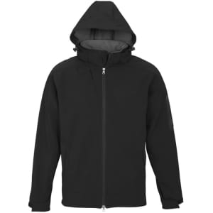 A black soft shell jacket with a hood, featuring a zip front and side pockets. It has a logo on the sleeve.