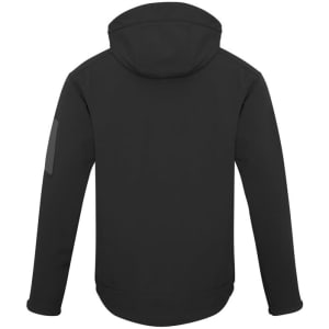 A black soft shell jacket featuring a hood and a logo on the sleeve. The back view highlights its sleek design.