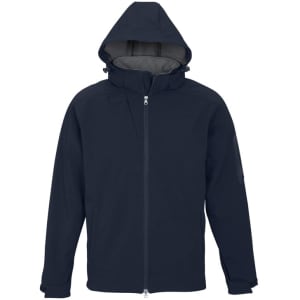 A navy soft shell jacket with a hood, featuring a zip front and side pockets. It includes a logo on the sleeve.