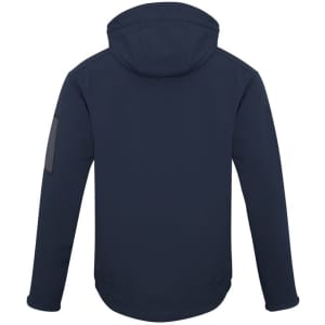 A soft shell jacket in navy blue featuring a hood and a logo on the sleeve.