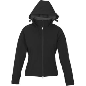 A black women's soft shell jacket with a hood and zippered front, featuring a side pocket and logo detail.