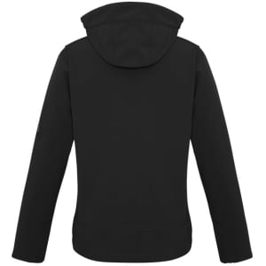 A black women's soft shell jacket with a hood, featuring a logo on the sleeve.