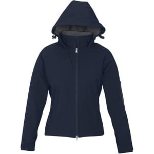 A navy soft shell jacket for women featuring a hood and zippered front, with a logo on the arm.