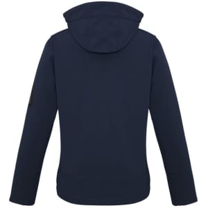 A navy blue women's soft shell jacket featuring a hood and a logo on the sleeve.