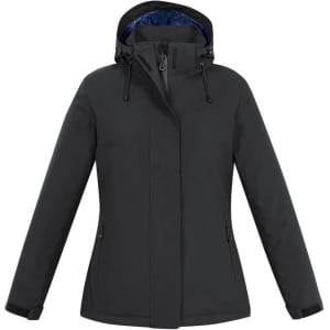 A grey women's rain jacket featuring a hood, zippered pockets, and a contrasting inner lining.
