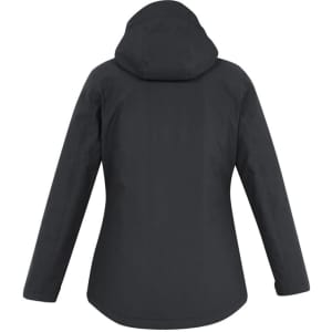 A women's rain jacket in dark grey with a hood, featuring a simple design and a logo on the back.