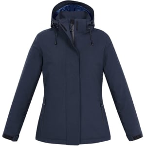 A navy women's rain jacket with a hood, featuring zippered pockets and a sleek design. It has a branding logo.