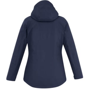 A navy blue women's jacket featuring a hood and a sleek, minimal design. It includes a logo on the back.