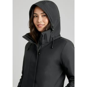 A black women's jacket with a hood, featuring a stylish design and a logo on the chest.