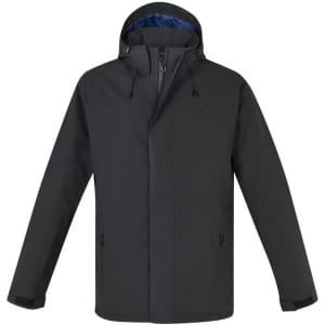 A dark grey rain jacket featuring a hood and zip pockets, with a blue inner lining and a noticeable logo.