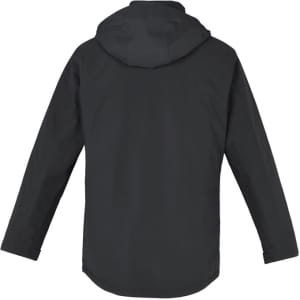 A black men's rain jacket with a hood, featuring a simple design and a branded logo.