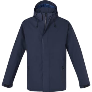 A navy rain jacket with a hood, featuring side pockets and a partial zip. It includes an inner layer in a contrasting colour.