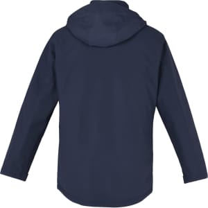 A navy rain jacket with a hood, featuring long sleeves and a plain design on the back. It includes a logo.