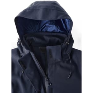 A navy blue men's rain jacket featuring a hood and a lined interior, including a branding logo.