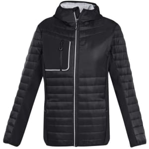 A unisex black soft shell jacket with a zip front and a large chest pocket. It features a hood and quilted design.