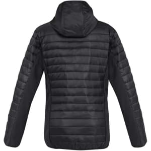A black unisex patrol jacket with a hood and quilted design on the back. It features a logo or branding.