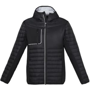 A black unisex patrol jacket featuring a zip front, a hood, and a stylish chest pocket. It has a logo on the design.