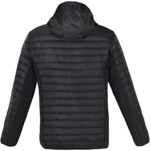A unisex soft shell jacket in black with a hood and a quilted design. It features a logo branding.