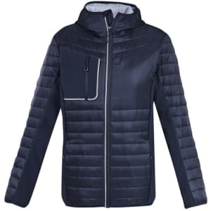 A navy unisex patrol jacket featuring a zip-up front and a chest pocket, with a contrasting grey lining.