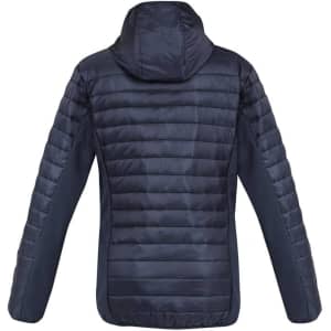 A navy unisex patrol jacket featuring a quilted design and a hood, with a branding logo on the back.