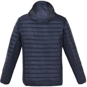 A unisex soft shell jacket in navy blue with a hood, showcasing a quilted design on the back and a logo.
