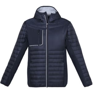 A navy unisex patrol jacket featuring a zip front, hood, and a pocket on the chest. Includes a logo on the jacket.