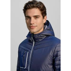 A navy unisex patrol jacket featuring a hood and zippered pockets, with a logo on the chest.