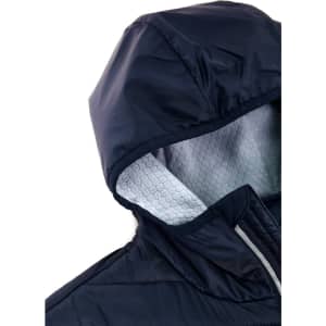 A unisex soft shell jacket in navy blue with a hood and a textured light grey lining. Features a logo on the jacket.