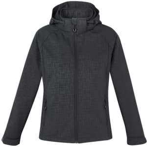A women's soft shell jacket in dark grey with a textured pattern, featuring a hood and zipper closures.