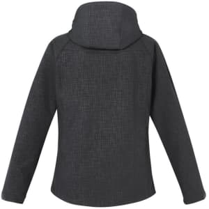 A women's soft shell jacket in dark grey with a textured pattern and a hood, featuring a logo.