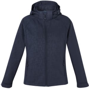 A navy women's soft shell jacket with a hood, featuring a textured pattern and zipped pockets.