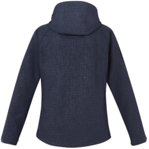 A dark navy soft shell jacket with a textured pattern and a hood, featuring a logo on the back.