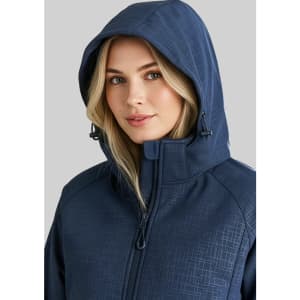 A women's soft shell jacket in navy blue with a hood and a subtle geometric texture, featuring a logo.