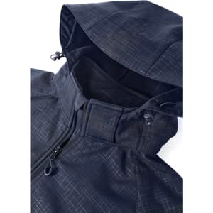 A women's soft shell jacket in navy blue with a geometric pattern and a hood, featuring a logo.