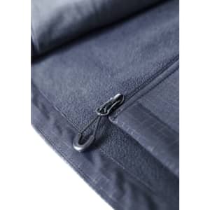 A close-up of a navy soft shell jacket featuring a zip and a hook. The material has a textured pattern.