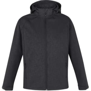 A soft shell jacket in dark grey featuring a hood and two side pockets, with a logo on the chest.