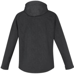 A soft shell jacket in dark grey with a hood, featuring a textured design and a logo on the back.