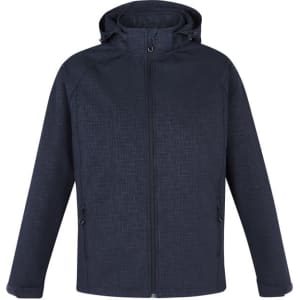 A dark blue soft shell jacket with a hood, featuring a textured pattern and zippered pockets.