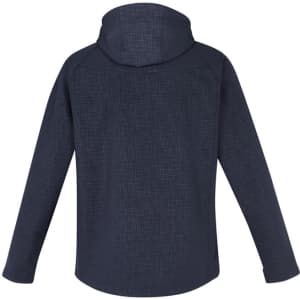 A men's soft shell jacket in dark navy with a textured pattern and a hood, featuring a logo on one side.
