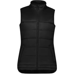 A black women's alpine vest with a high collar and zippered front, featuring two side pockets and a fitted design.