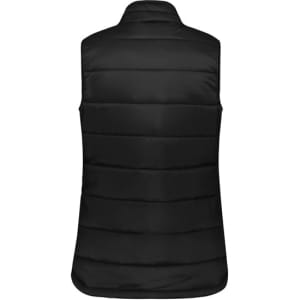 A black women's alpine vest featuring a padded design and a high collar. The back view showcases the vest's stitching.
