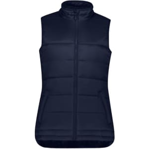 A navy women's alpine vest featuring a zip front and padded design, suitable for layering. Includes a logo detail.