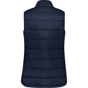A navy women's alpine vest featuring a padded design and a high collar, with a simple, minimalist look.