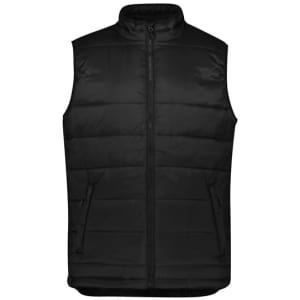 A black men's alpine vest with a zip front and two side pockets, featuring a logo.
