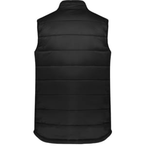 A black padded men's alpine vest with a high collar and no sleeves, featuring horizontal quilting and a logo.