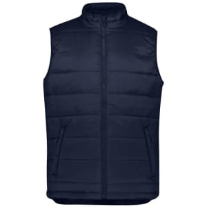 A navy blue men's alpine vest featuring a zip closure and two front pockets. It has a logo on it.