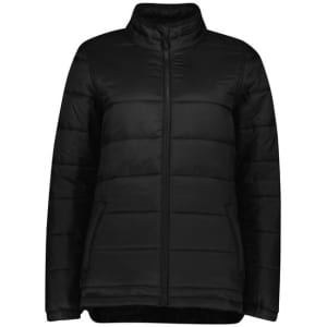A black puffer jacket featuring a zip front and high collar, suitable for women's outerwear. Includes a logo.