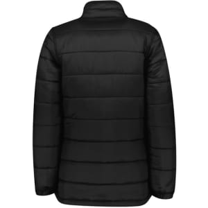 A black puffer jacket with a high collar and horizontal stitching, featuring a logo on the back.